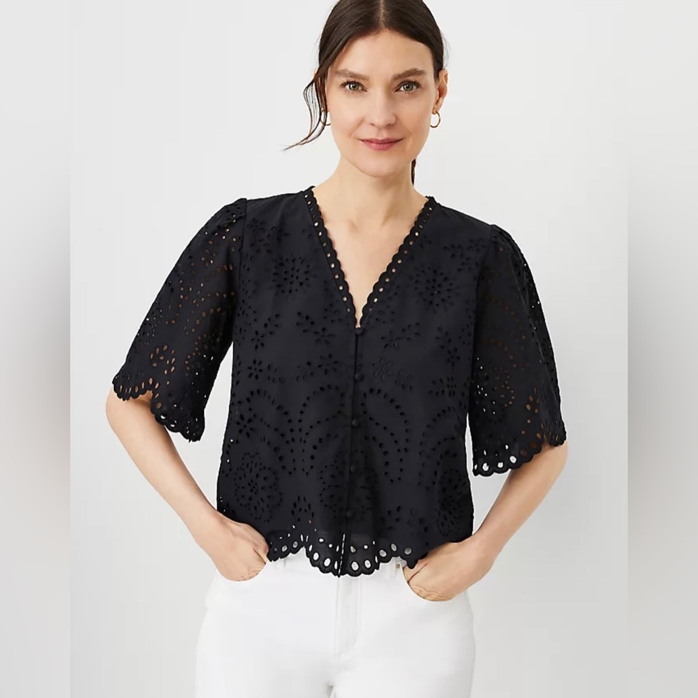 Ann Taylor Eyelet Puff Sleeve V-Neck Top